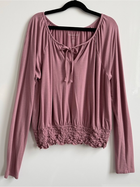 American Eagle Outfitters Tops - American Eagle Soft & Sexy Dusty Rose Smocked Hem Tie-Front Long Sleeve Top